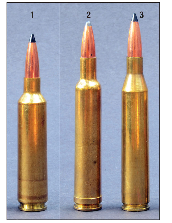 Water capacity of the 6mm-284 case (1) is about two grains more than for the .240 Weatherby Magnum (2) and about one grain less than for the 6mm-06 (3).